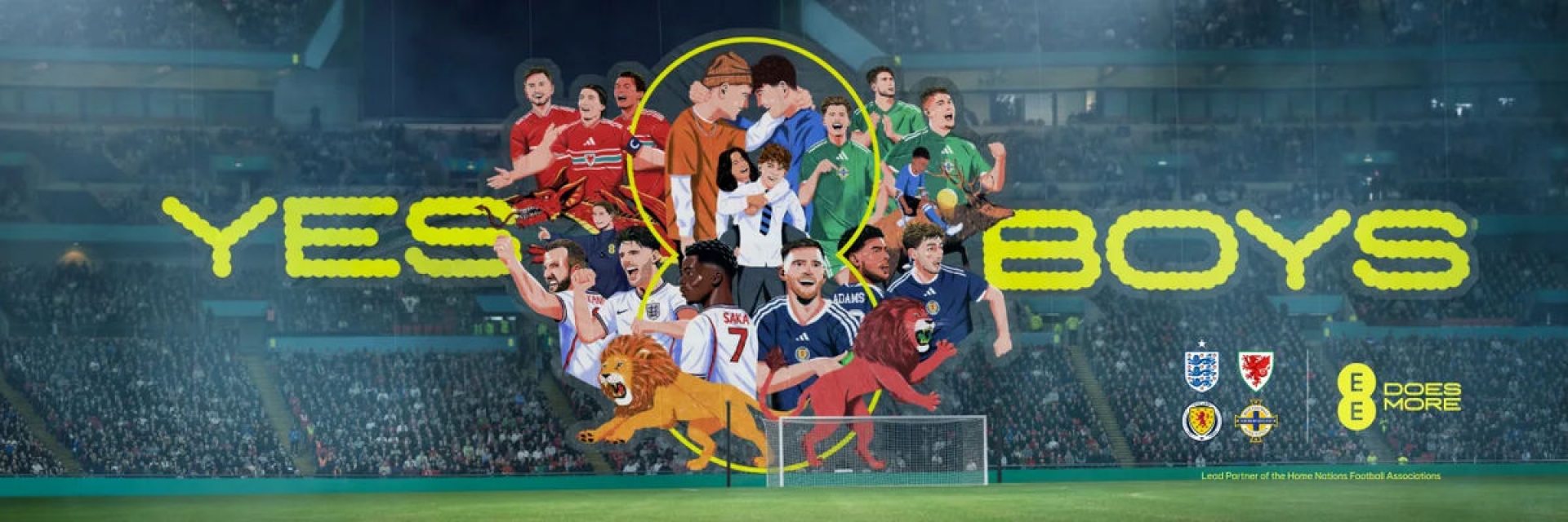 sketch of teenage boys and footballers from the Home Nations cheering and smiling on a background of a football stadium with the message YES BOYS