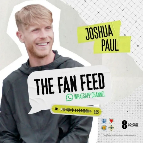 Football coach Joshua Paul smiling alongside The Fan Feed WhatsApp channel logo