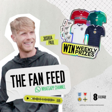 Football coach Joshua Paul smiling alongside The Fan Feed WhatsApp channel logo