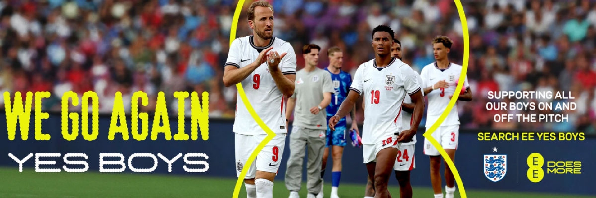 sketch of teenage boys and footballers from the Home Nations cheering and smiling on a background of a football stadium with the message YES BOYS