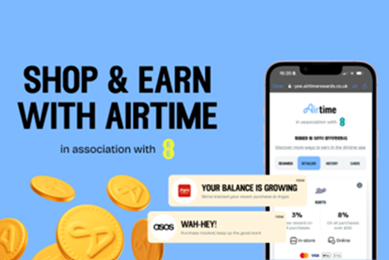Hand holding a smartphone with the Airtime cashback app on screen, "SHOP & EARN" text, and brand logos with coins surrounding it