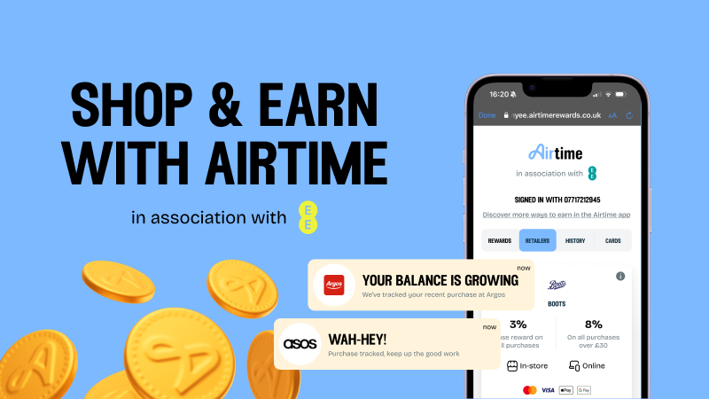 Hand holding a smartphone with the Airtime cashback app on screen, "SHOP & EARN" text, and brand logos with coins surrounding it