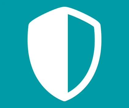 White and teal shield logo on a teal background