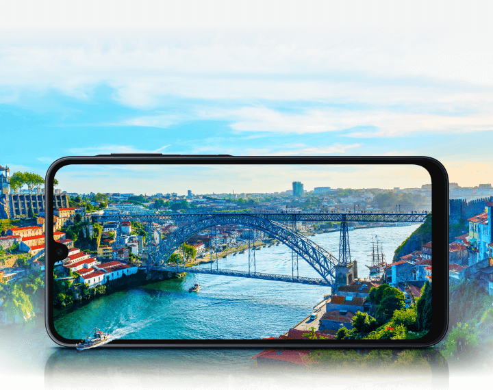 High-quality image of a landscape with a bridge in center through the display