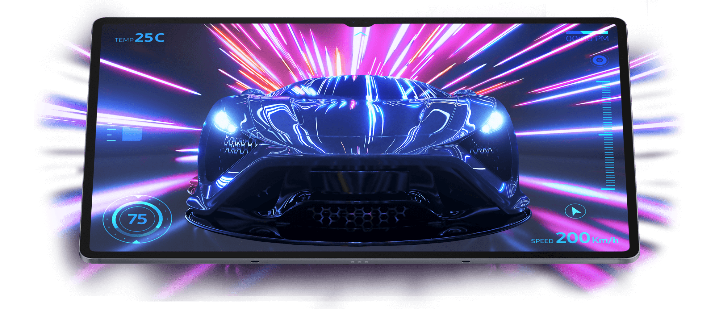 Display of a fast car with benchmarks on screen