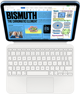 iPad attached to Magic Keyboard Folio, screen is showing Slide Over with Pages and Notes app.