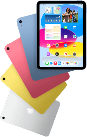 Front view iPad shows Home Screen, behind are four back-facing iPad models in blue, pink, yellow and silver