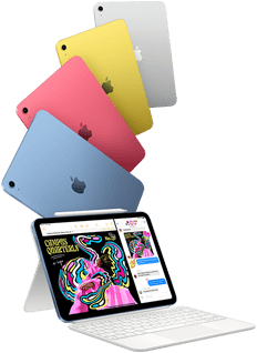 iPad in blue, pink, yellow and silver colours, and iPad attached to the Magic Keyboard Folio with Apple Pencil