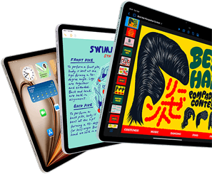 Three iPad Air displays showing iPadOS and apps features