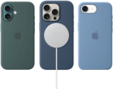 Various iPhone MagSafe accessories. iPhone 16 Silicone Case with MagSafe, Lake Green, iPhone 16 Pro Silicone Case with MagSafe, Denim, connected to MagSafe charger, white, iPhone 16e Silicone Case, Winter Blue