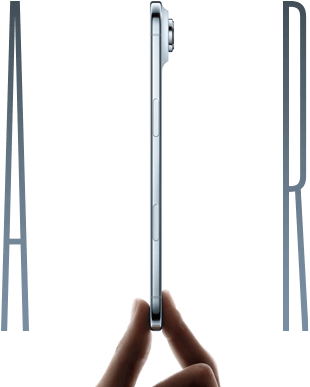 A thumb and forefinger holding iPhone Air, side exterior, Sky Blue colour, very thin profile, Fusion camera system, buttons: side, Camera Control