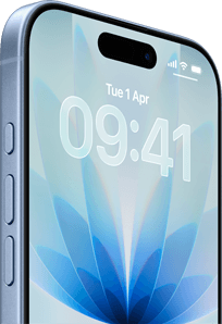 iPhone 17, exterior front, Blue Mist colour, Dynamic island centred, buttons: Action button, volume