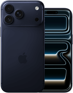 Side by side, iPhone 17 Pro Max, back exterior, Pro camera system, 3 lenses, microphone, flash, Deep Blue finish, iPhone 17 Pro, front exterior all screen design, Deep Blue finish