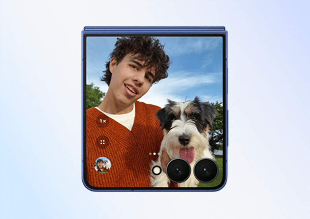 Detailed picture of a man holding a small dog taking a selfie