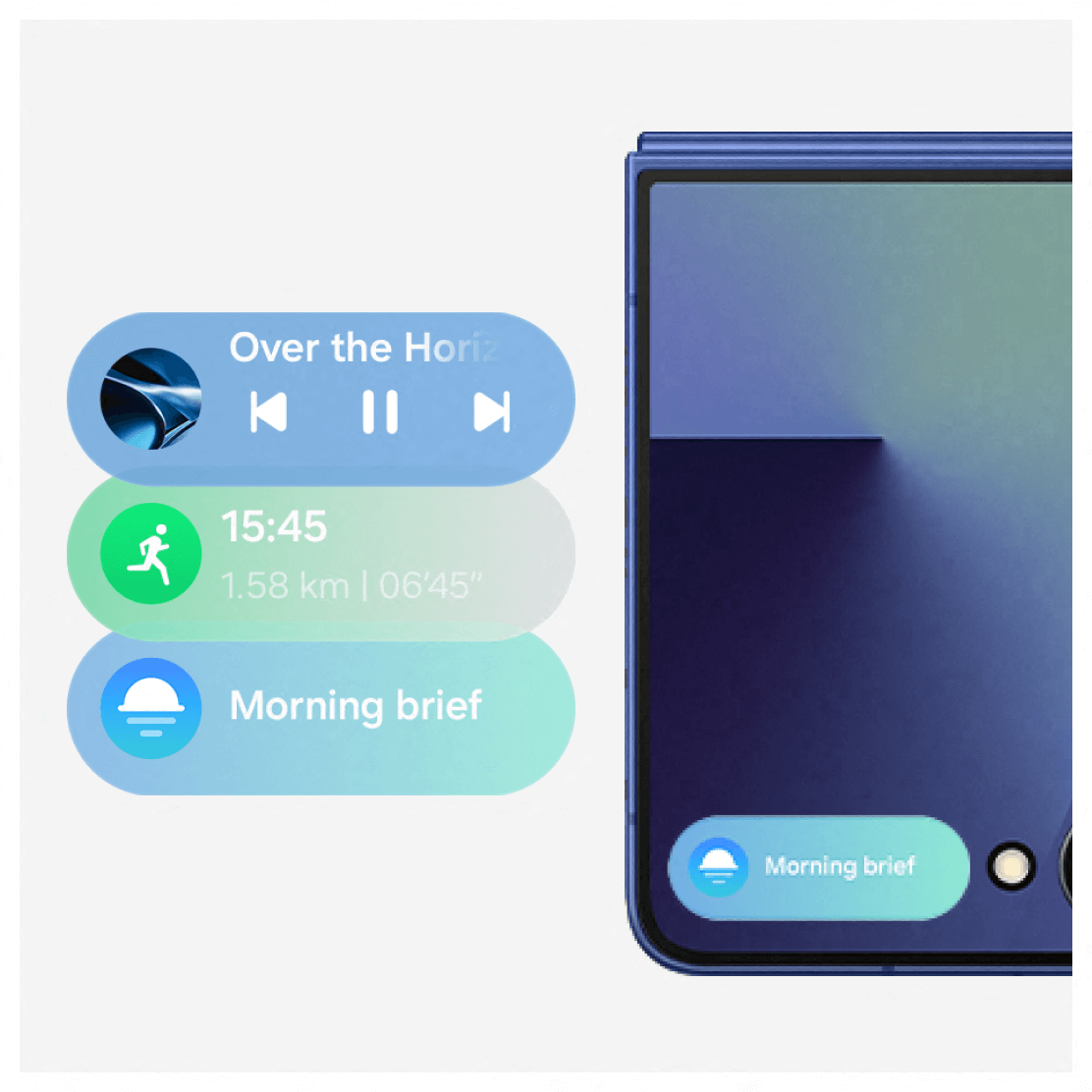 Flip7 shown closed with NowBrief feature highlighted with widgets next to the phone.