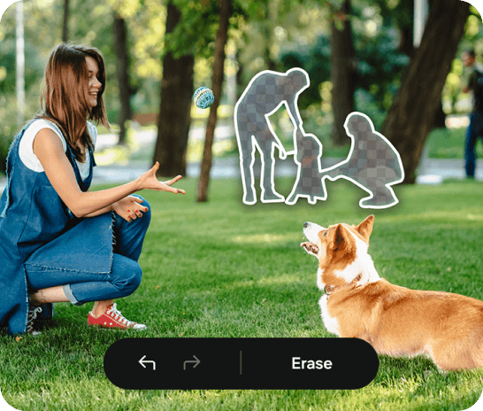 image showing object eraser erasing the unwanted object from an image of a women sitting with her dog