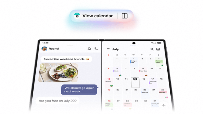The Fold8 unfolded showing a split screen of a chat window on one and the calendar on the other.