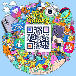 A virtual cartoon world with a variety of icons and in the middle is a QR code for Try Galaxy