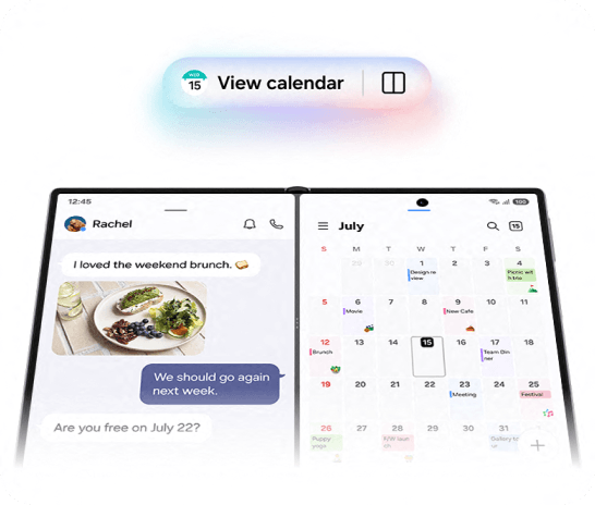 The Fold8 unfolded showing a split screen of a chat window on one and the calendar on the other.