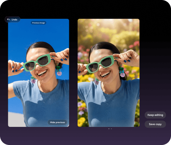 2 images of a woman wearing sunglasses. The 2nd image using Photo Assist to apply filters and background enhancements