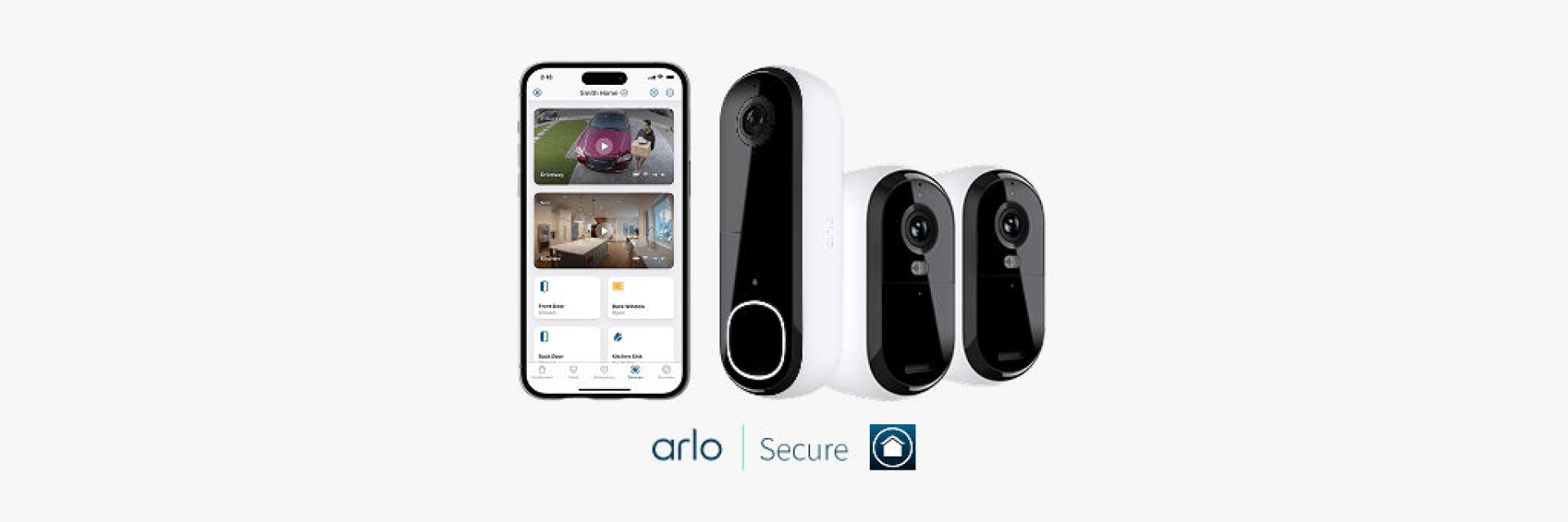 Arlo doorbell security bundle displayed alongside iPhone with Arlo security app