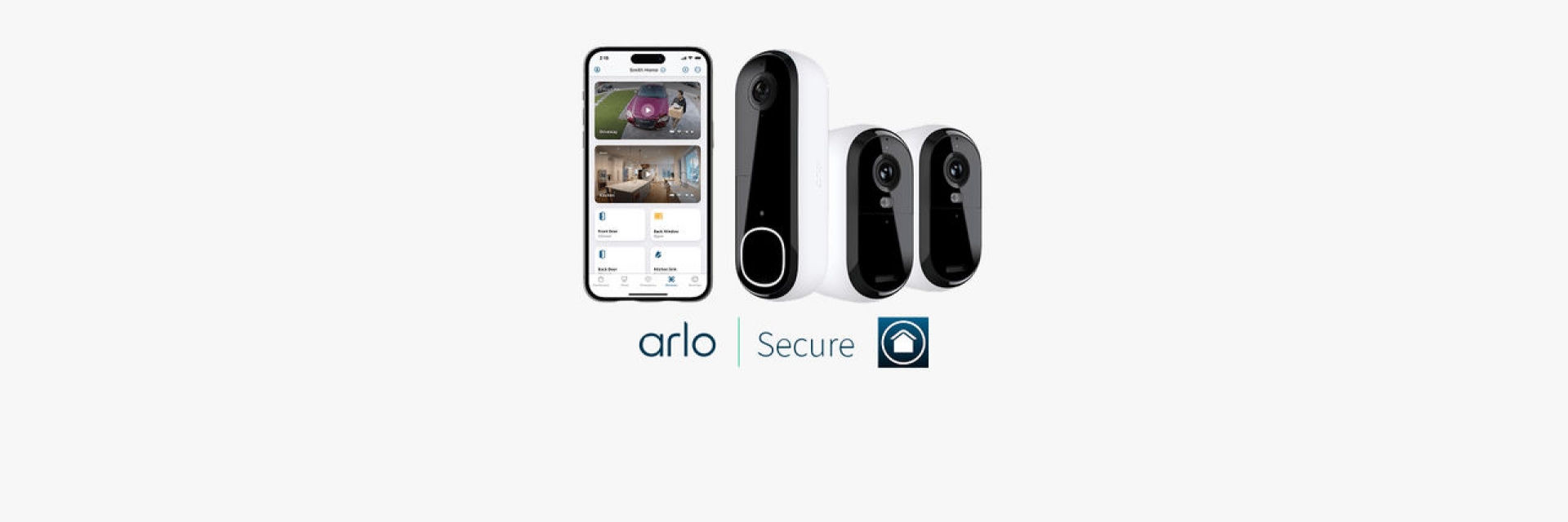 Arlo doorbell security bundle displayed alongside iPhone with Arlo security app
