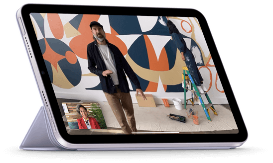 iPad mini shown in landscape view attached to Smart Folio in a viewing position. The display is showing a FaceTime call with Centre Stage
