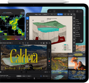 iPad Pro, front exterior, landscape orientation, space black colour, Apple Pencil resting atop device, display showing multiple app windows tiled, including Final Cut Pro with multiple video editing features and timeline, Maps, Notes and various media clips