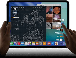 iPad Pro, space black colour, left hand holding device, right hand pointing gesturing to manipulate multiple open app windows, a drawing app with sketches of mechanical designs, photos library of planets and space images, downloads folder files fanned out
