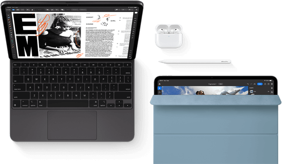 iPad Pro attached to Magic Keyboard, front exterior, space black colour, rounded corners, black display bezel, open, display showing article editing app with text and photograph of a woman playing music, Airpods 4 in open case, blue Smart Folio cover on iPad Pro with Apple Pencil Pro resting atop device, cover slightly open revealing display