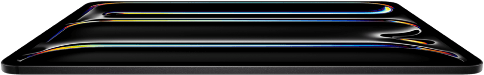 iPad Pro, front exterior, space black colour, aluminium and glass enclosure, thin profile, tilted back with display showing multicoloured line art