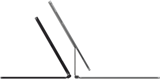 2 iPad Pro devices attached to Magic Keyboard, side exterior, thin profile, space black colour with speakers and USB-C port, tilted half open, silver colour, open, tilted back showing the keyboard’s floating cantilever design, speakers and microphone