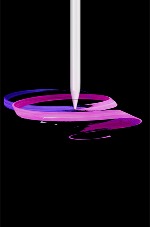 Apple Pencil Pro, front exterior, portrait orientation, side profile, white colour, drawing abstract purple and pink ribbons design