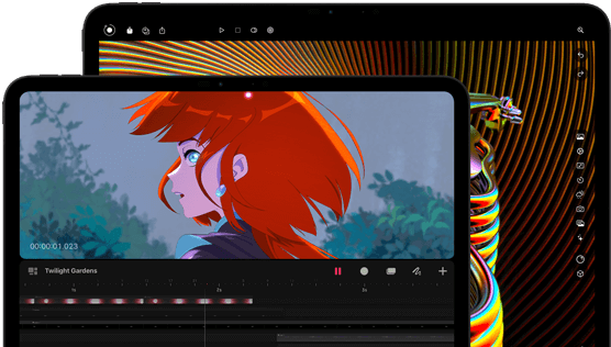 13‑inch iPad Pro and 11‑inch iPad Pro, front exterior, landscape orientation, space black colour, rounded corners, black display bezel, 11‑inch display showing a vibrant image of a character with red hair, 13‑inch display showing colourful photo editing interface elements