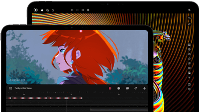 13‑inch iPad Pro and 11‑inch iPad Pro, front exterior, landscape orientation, space black colour, rounded corners, black display bezel, 11-inch display showing a vibrant image of a character with red hair, 13-inch display showing colourful photo editing interface elements