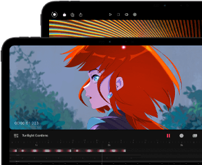 13-inch iPad Pro and 11-inch iPad Pro, front exterior, landscape orientation, space black colour, rounded corners, black display bezel, 11-inch display showing a vibrant image of a character with red hair, 13-inch display showing colourful photo editing interface elements