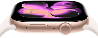 Apple Watch Series 11, aluminium rose gold case, Responsive Art watch face, right side exterior: Digital Crown, microphone, side button, light blush Sport Band