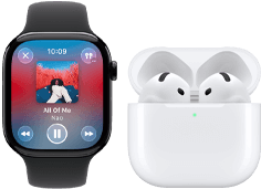 Apple Watch Series 11, titanium slate case, band: black sport band, Apple Music app open, paired with AirPods 4