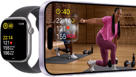 Apple Watch Series 11, aluminium jet black case, Workout metrics, purple fog Sport Band, workout video playing on paired iPhone