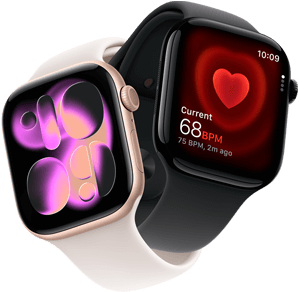 Apple Watch Series 11, aluminium rose gold, Responsive Art watch face, right side exterior: Digital Crown, microphone, side button, light blush Sport Band, Apple Watch Series 11, aluminium jet black, Heart Rate app, current beats per minute, right side exterior: Digital Crown, black Sport Band