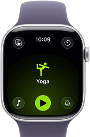 Apple Watch Series 11, aluminium silver case, Yoga Workout open, right side exterior: Digital Crown, purple fog Sport Band