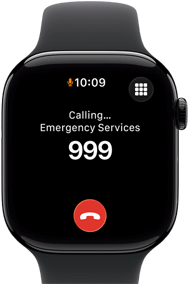 Apple Watch Series 11, aluminium jet black case, emergency call to 999 on screen, right side exterior: Digital Crown, black Sport Band