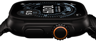 Apple Watch Ultra 3, side exterior, black titanium case, compass on Orienteering watch face, Action button and digital crown