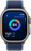 Apple Watch Ultra 3, titanium natural case, sleep score screen, breakdown in circle graph, score in centre, strap, blue Trail Loop