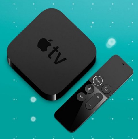 Apple TV box and remote on aqua background