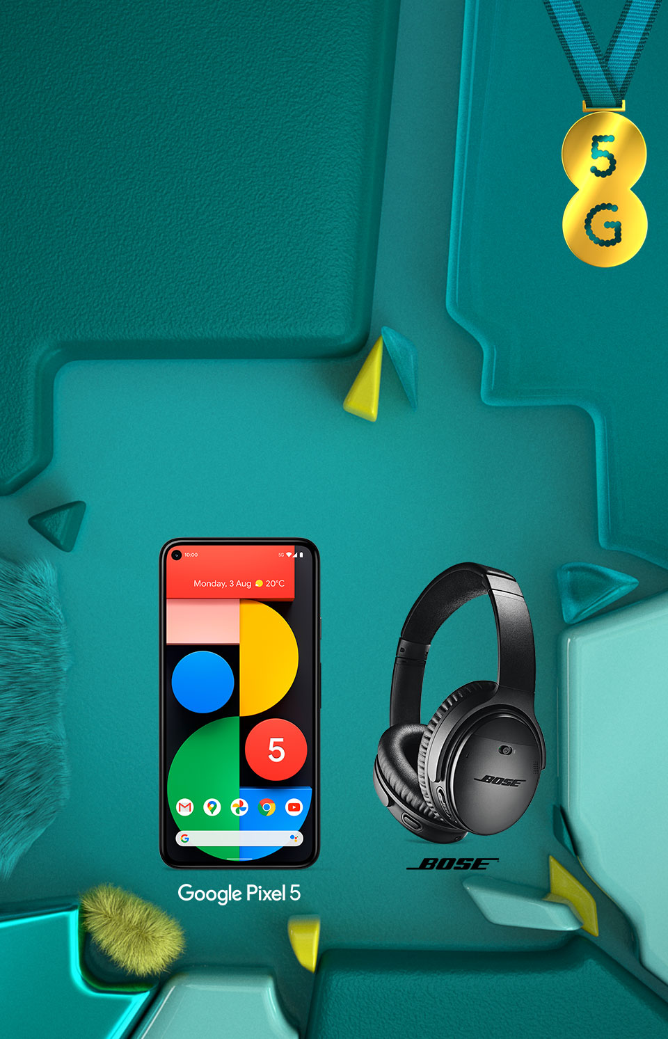Google Pixel 5 with a pair of Bose headphones