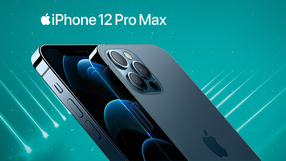 iPhone 12 Pro Max front and back in blue with spotlights