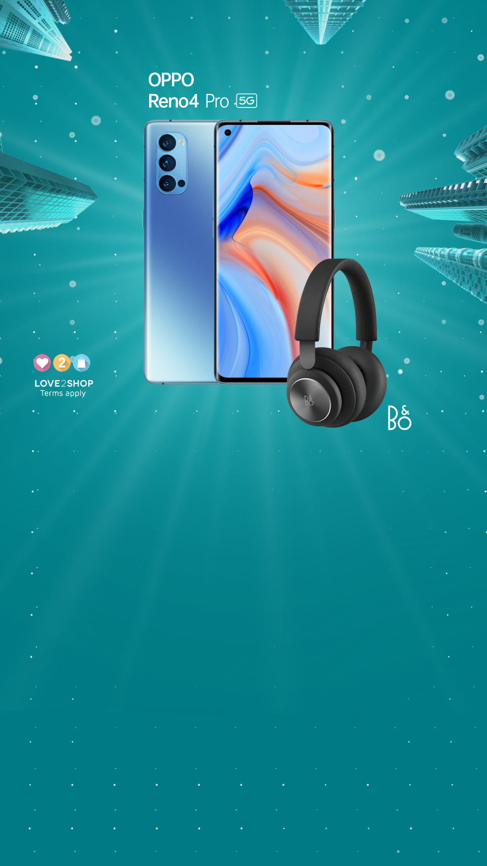 Oppo Reno 4 Pro 5G with black B&O headphones