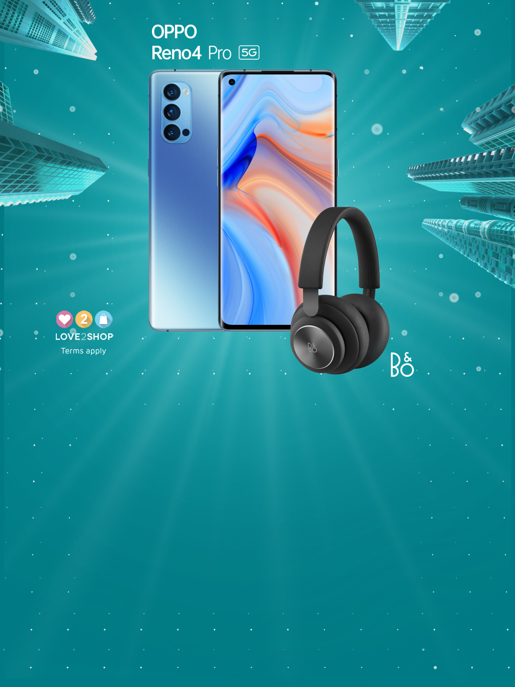 Oppo Reno 4 Pro 5G with black B&O headphones