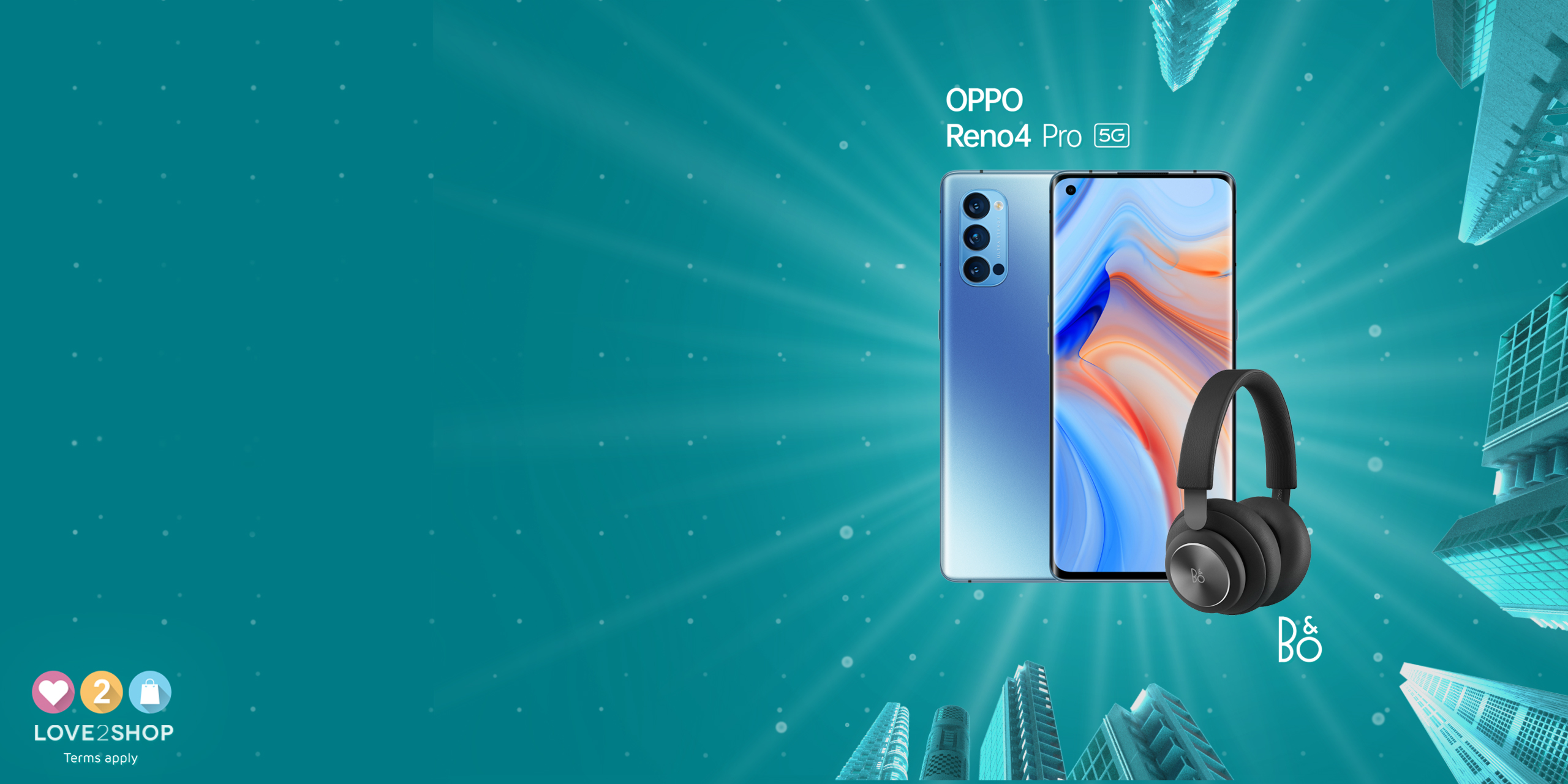 Oppo Reno 4 Pro 5G with black B&O headphones